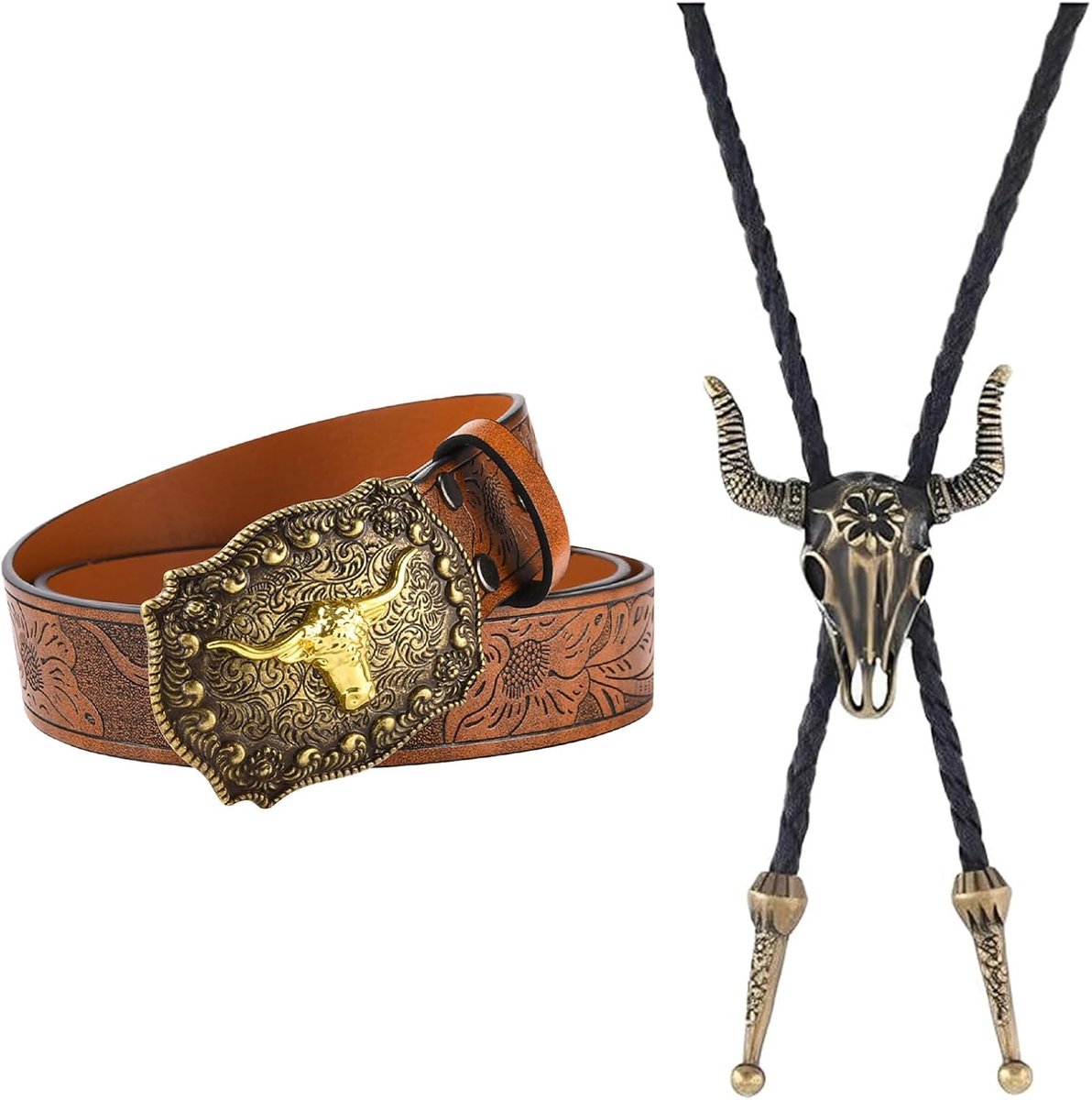 2 pieces cowboy costume for men and women, bolo tie and western belt, leather tie, cowboy, cow skull, western belt - ShopVlot