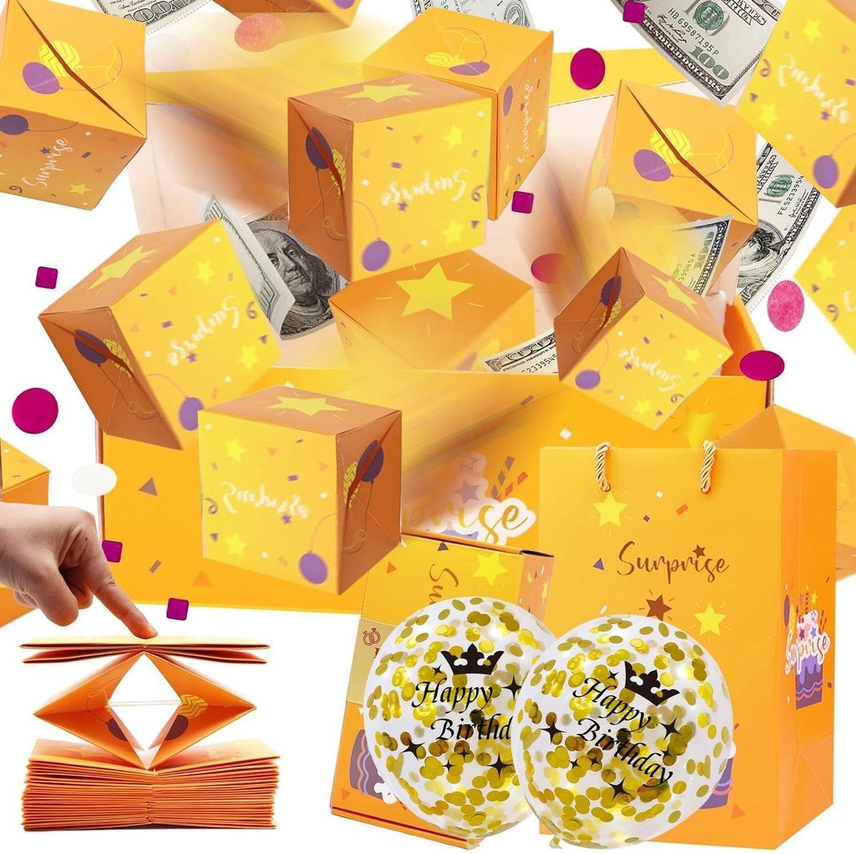EHDWXVZM Verrassingsdoos Pop-Up Verrassingsdoos 1 Stuk Ballonnen 2 Stuks Verjaardag Spaarpot Opvouwbare Geschenkdoos - ShopVlot