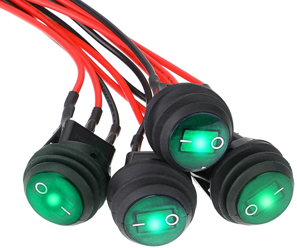 4 Pcs Switches 12V Waterproof Round Toggle Switch, 12V 20A SPST 3 Pin Lights and Green LED Switch, On/Off Rocker - ShopVlot