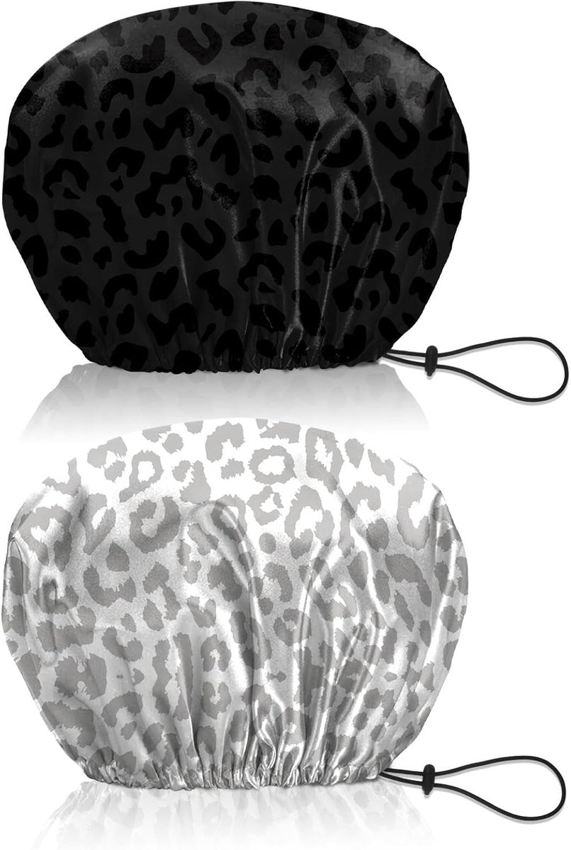 Pack of 2 Shower Cap Reusable Waterproof Double Layer Elastic Adjustable Cute Aesthetic for Women and Girls (V5 Black - ShopVlot