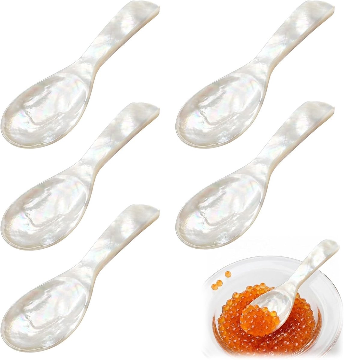 Handgemaakte eierlepels van natuurlijk schelpmateriaal - 5 stuks, 7 cm, klassiek design voor kaviaar, ijs, eieren en desserts