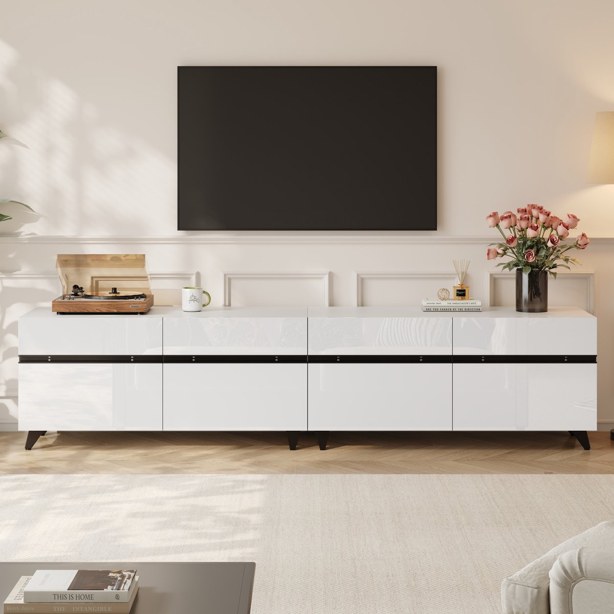 DESMIU TV Meubel - Hoogglans Front Met Verstelbare Planken - Voor Woonkamer En Grote Schermen - MDF - Wit - 180 X 40 X 49 Cm
