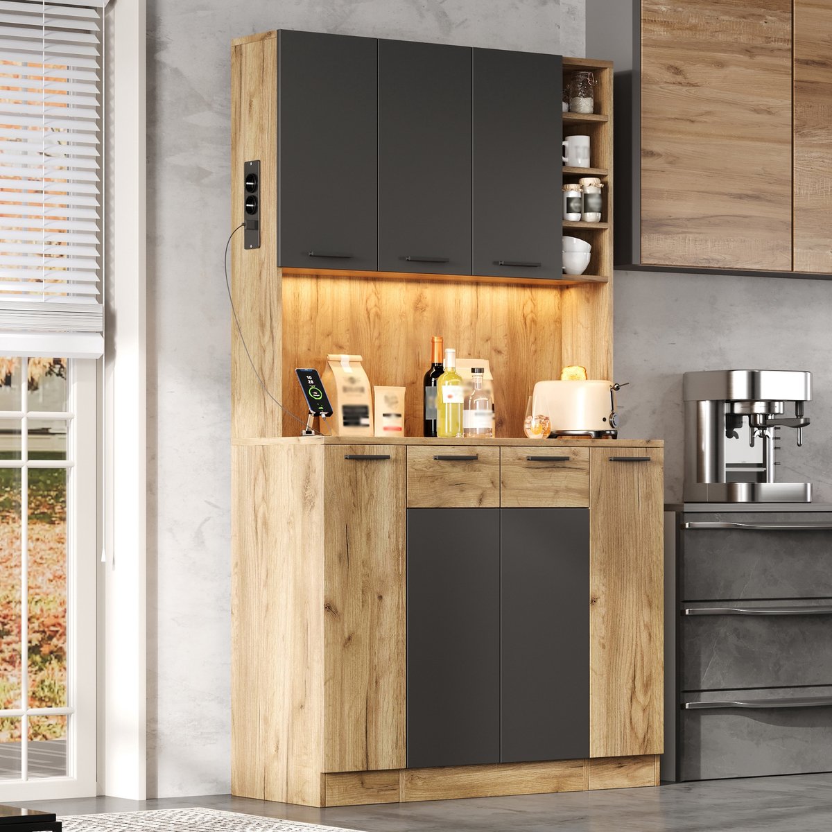 DESMIU Keukenkast - Hoge Kast Met LED En Stekkerdoos - Opbergkast Voor Keuken En Eetkamer - MDF - 100 X 40 X 180 Cm - Zwart Natuurlijk