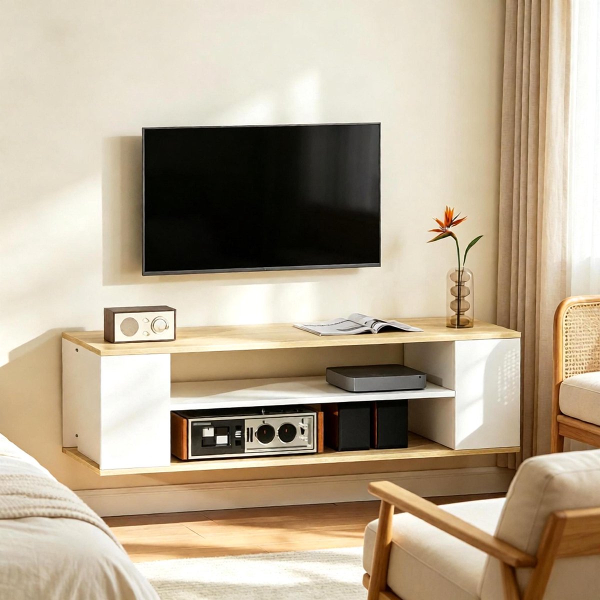 DESMIU Tv Meubel - Met Wielen En Wandmontage - Open Vakken Voor Woonkamer En Slaapkamer - Spaanplaat - Naturel Wit - 120 X 40 X 38,5 Cm