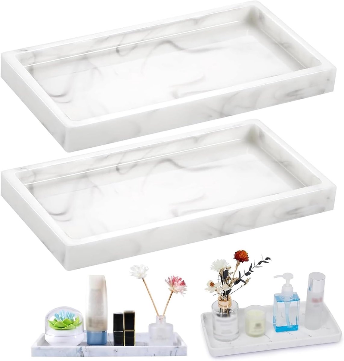 2 Pcs Silicone Bathroom Tray, Silicone Bathroom Shelf, Easy to Clean, Effectively Organized Objects (Marble White, 20 - ShopVlot