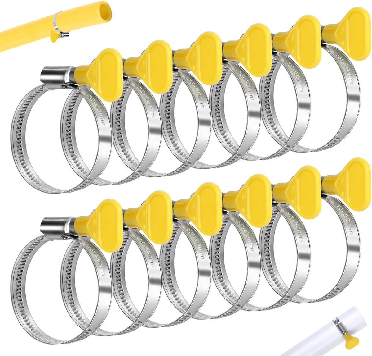 ilauke Hose Clamps, Set of 12, 32-50 mm, Adjustable Hose Clips, Pipe Clips, Stainless Steel Hose Clamp with Yellow - ShopVlot