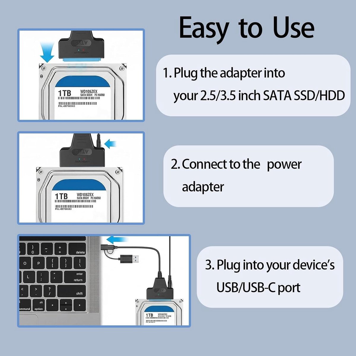 USB to SATA Adapter Cable for 2.5" and 3.5" HDD/SSD Hard Drives, USB 3.0 to SATA III Converter for Power, Compatible - ShopVlot