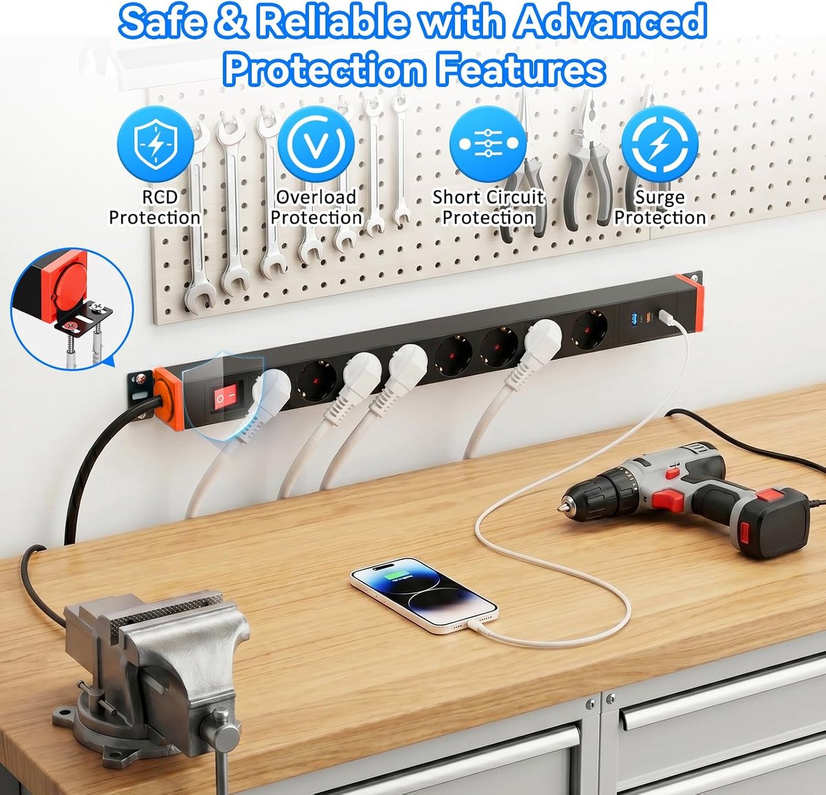 Stekkerdoos 8-voudig USB-C PD 30W voor wandmontage - Overspanningsbeveiliging, 360° draaibare houder, 1,8 m kabel, 16A - ShopVlot