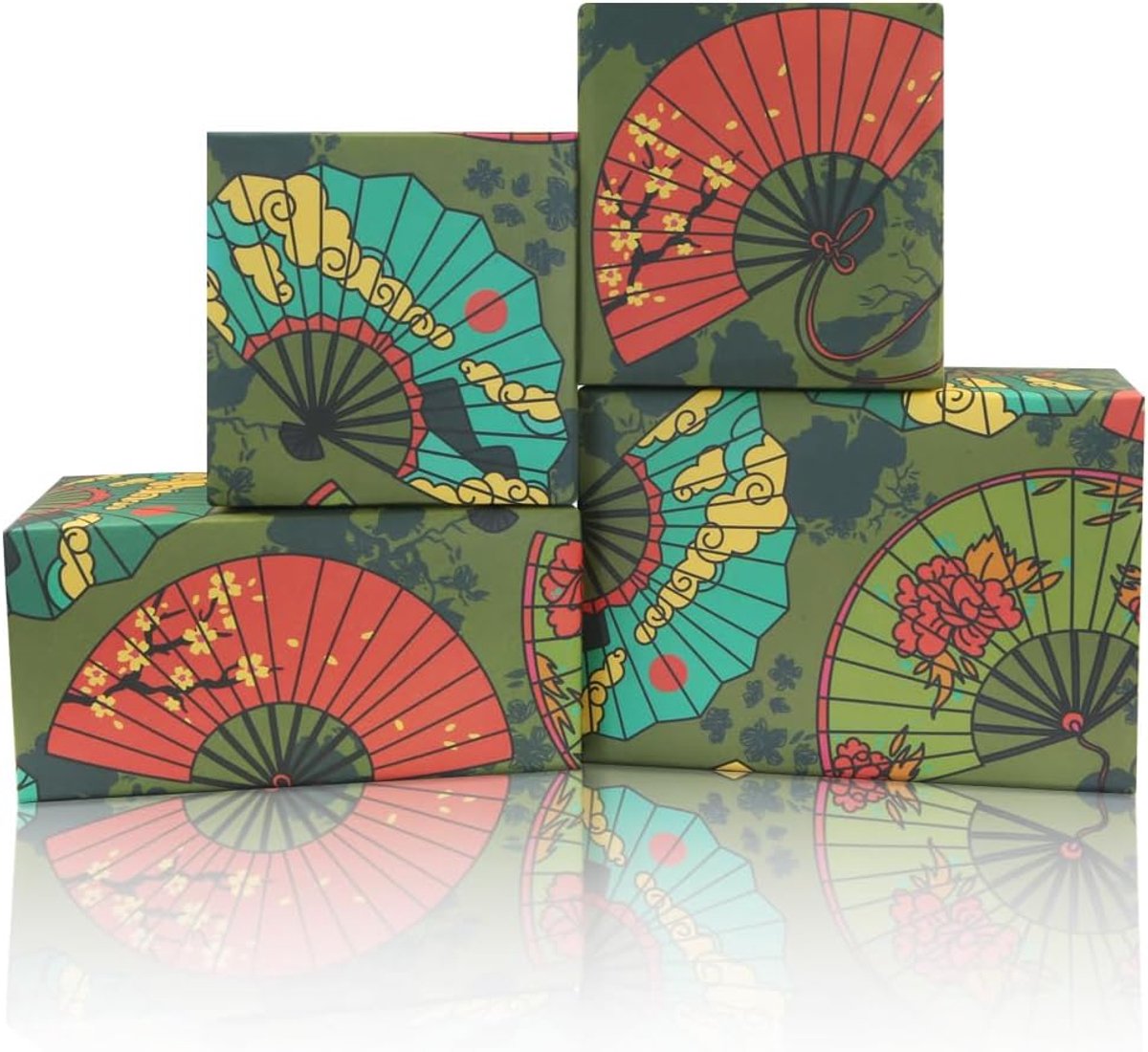Elegante opvallende rode en groene waaier met bloemen en wolk op Oliver Green Aziatische Japanse stijl inpakpapier set - ShopVlot
