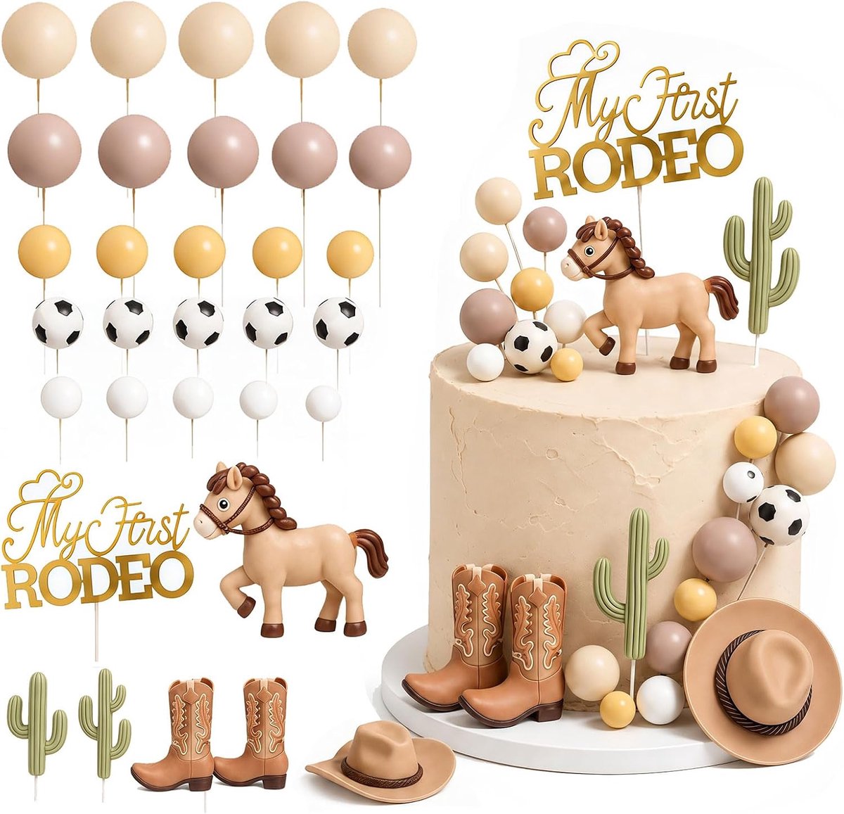 taartdecoratie paard 32 stuks Western Rodeo cake topper western decoratie Paard Cowboyhoed Laarzen Cactus Ballen - ShopVlot