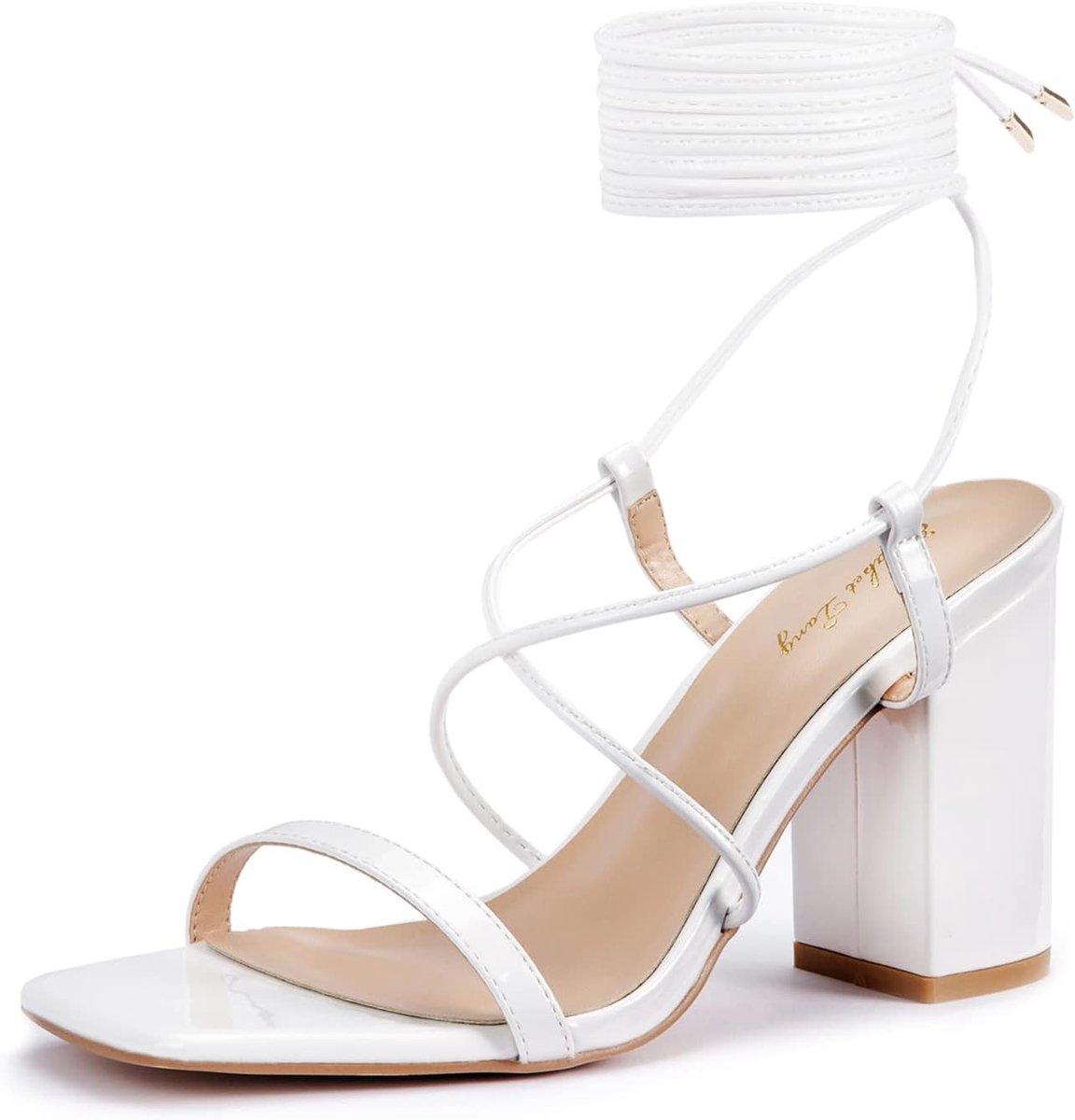 Elisabet Tang Strappy Sandals Lace Up Thick Heel Medium Block Heel Square Open Toe Shoes White 40 EU, White, 40 EU - ShopVlot