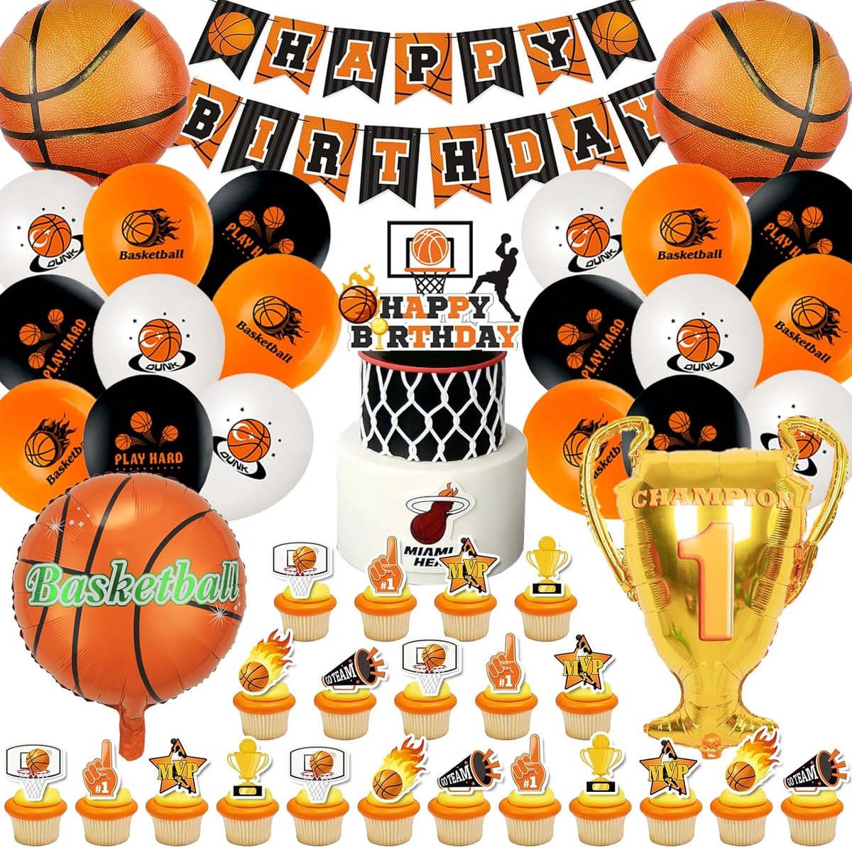Basketball Birthday Decoration 51 Pieces - Kit Balloons Basketball for Children with Banner and Cupcake Topper - ShopVlot