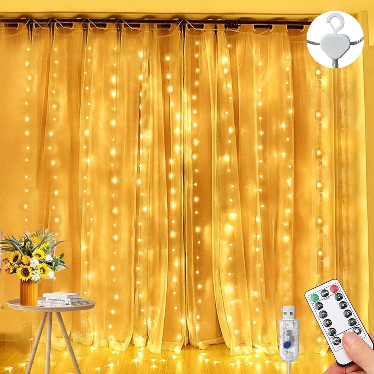 Curtain Fairy Lights, 3m×3m 300LED Fairy Lights for Bedroom with 8 Modes Remote Control Timer Adjustable Brightness - ShopVlot