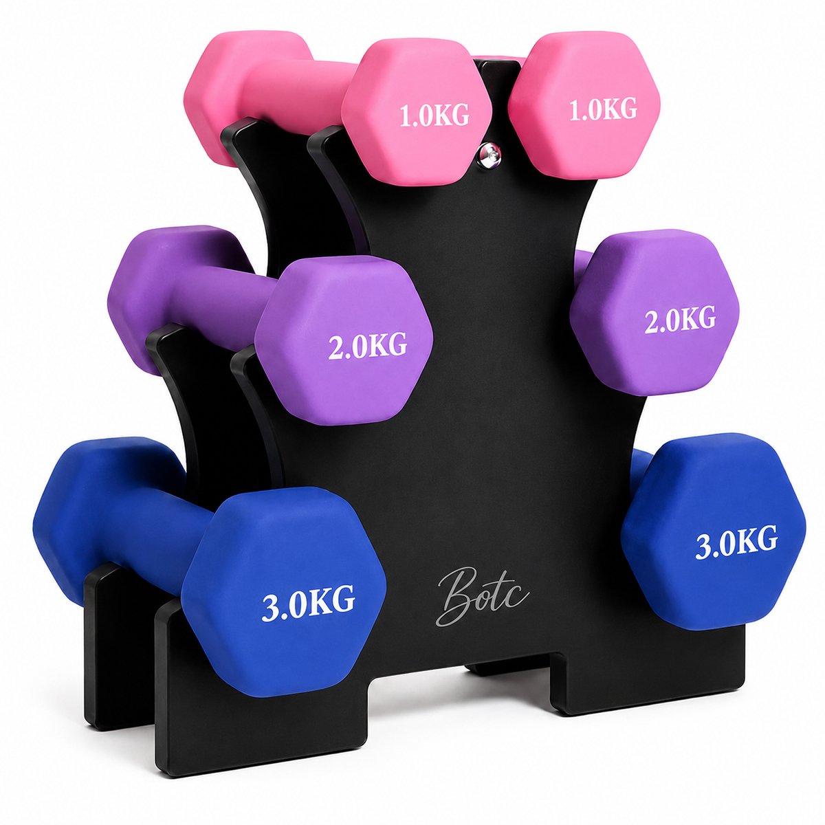BOTC Dumbbellset - Halterset - Dumbells - Gietijzer - 1/2/3 kg - Roze/Paars/Blauw