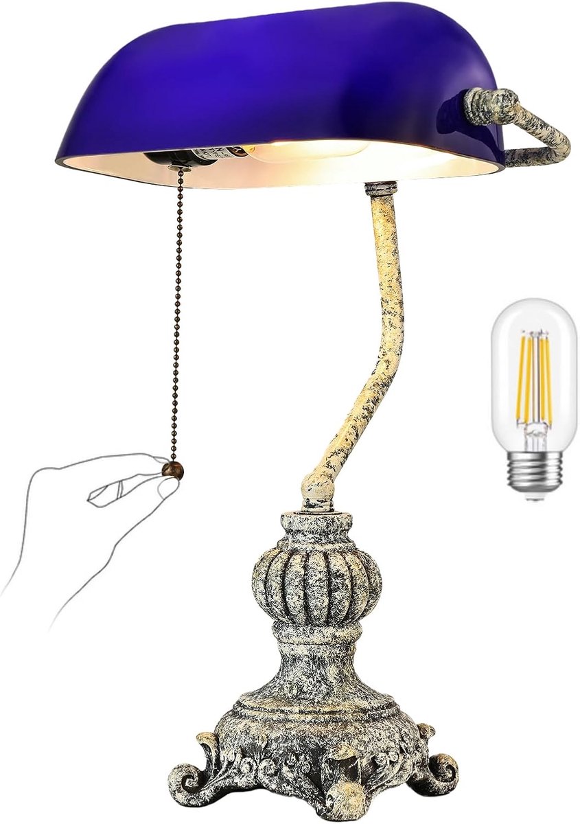 Retro Blue Glass Bankers Desk Lamp for Home Office,Library with Pull Chain Switch Plug in Fixture,LED Bulb Included - ShopVlot