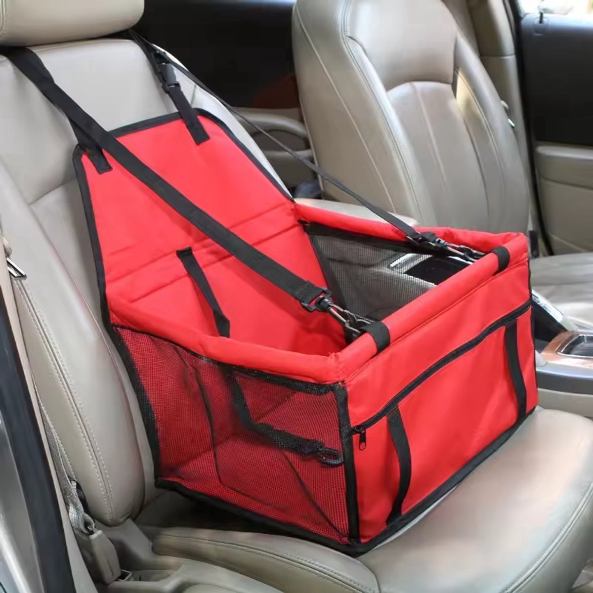 Gadgetzan® Huisdieren Autostoel – Autostoel voor Kleine Honden & Katten – Opvouwbare Hondenstoel Auto met Veiligheidslijn, Opbergvak en Verstelbare Bevestigingsriemen – Rood