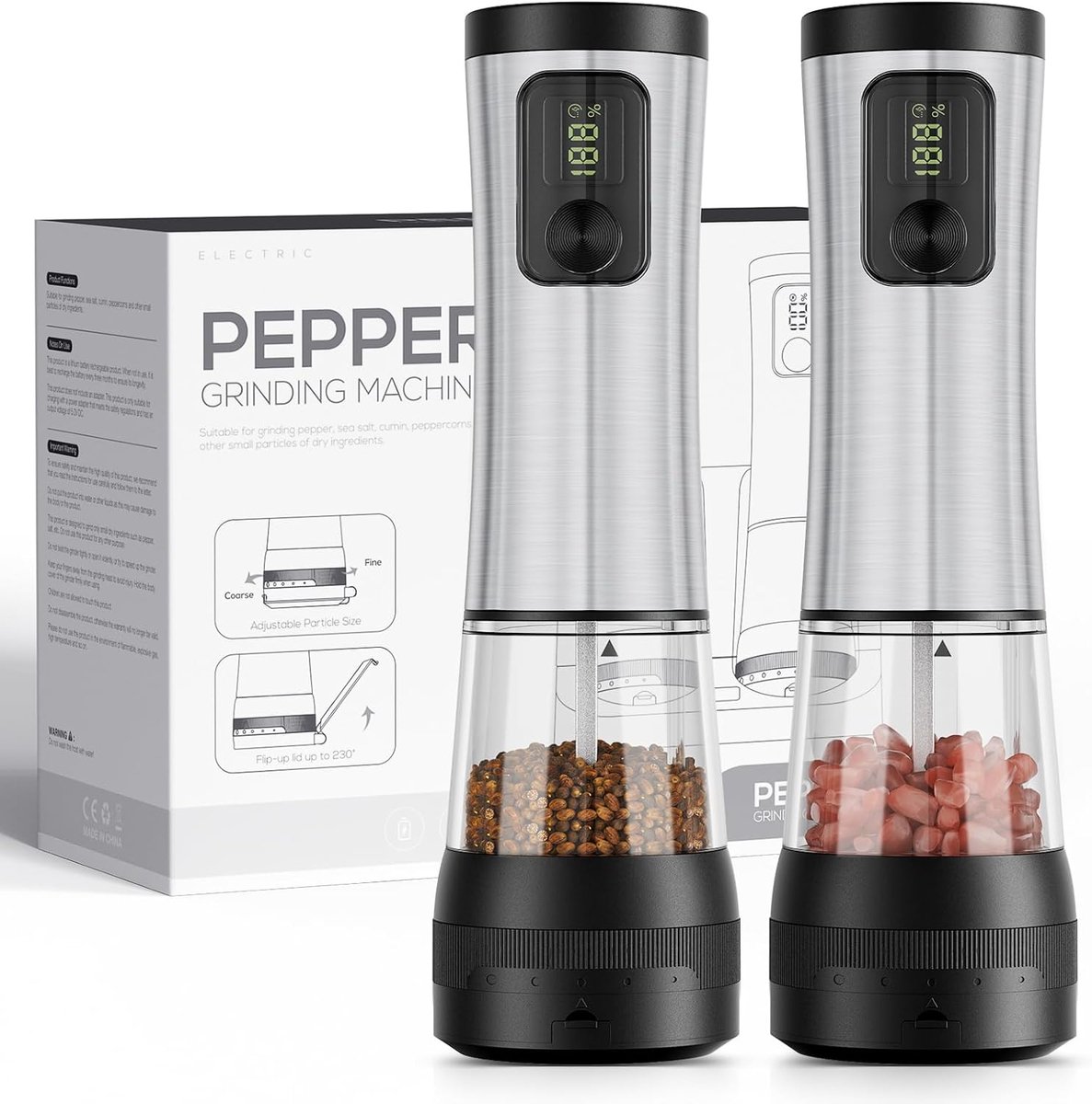 Set of 2 Electric Salt and Pepper Mill, USB-C Fast Charging with 800mAh Battery and Charging Station, 5-Step - ShopVlot