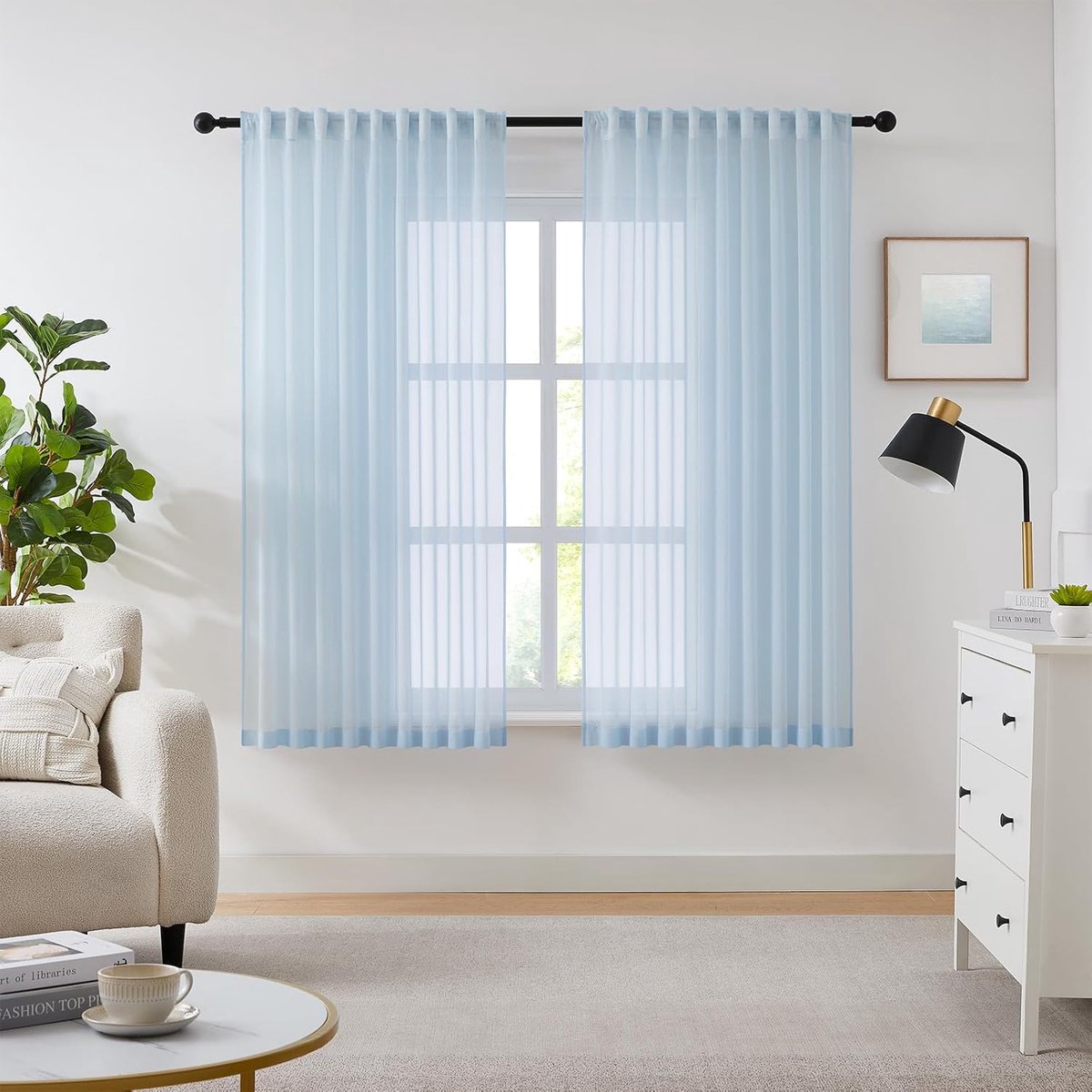 Gordijnen met plooiband, transparant, blauw, voile gordijnen voor woonkamer, slaapkamer, kinderkamer, hemelsblauw, 175 x 137 cm (h x b), set van 2