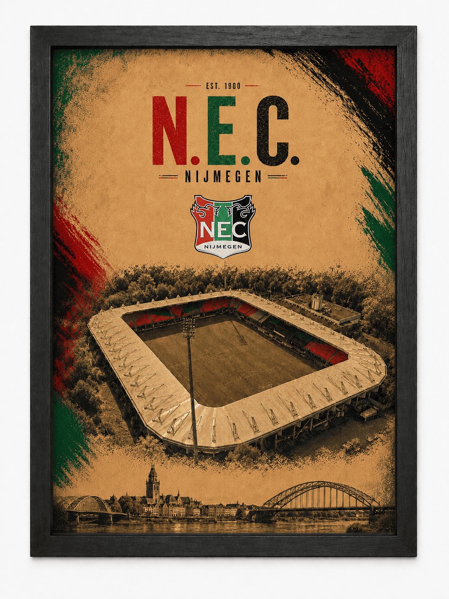 NEC Nijmegen Poster | Goffert Stadion en Skyline Nijmegen | Inclusief Zwarte A4 Lijst | Wanddecoratie