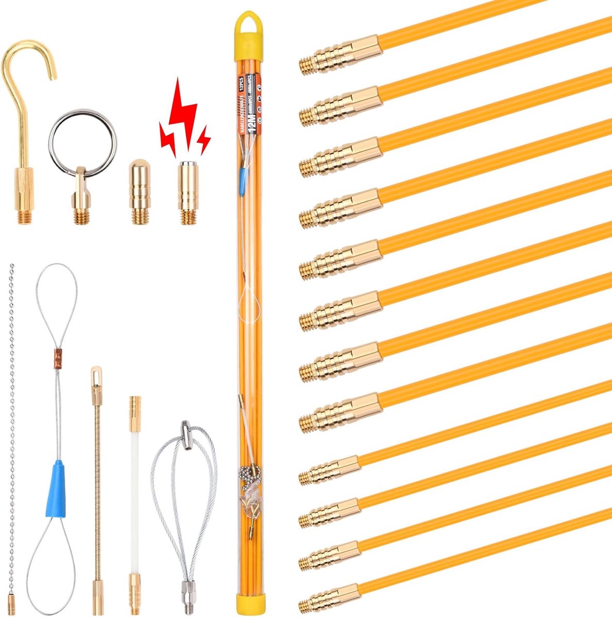 12 m retraction tape, cable retraction aid, 4 bars x 100 cm x 4 mm cable rods and 8 rods x 100 cm x 6 mm cable rods - ShopVlot