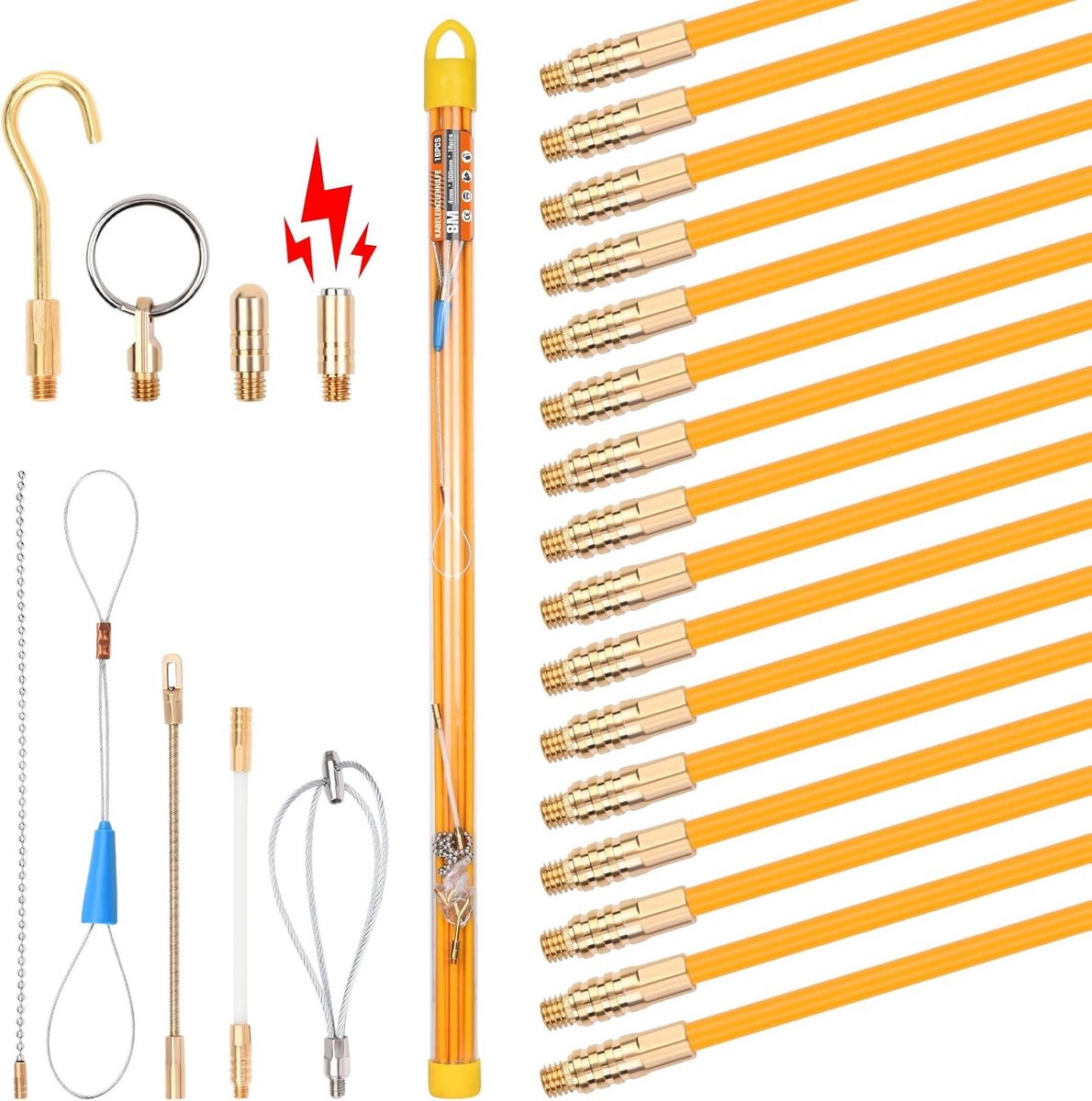 8 m retraction tape, cable pulling aid, 16 rods x 50 cm x 4 mm cable rods retractable cable with 9 adapters for empty - ShopVlot