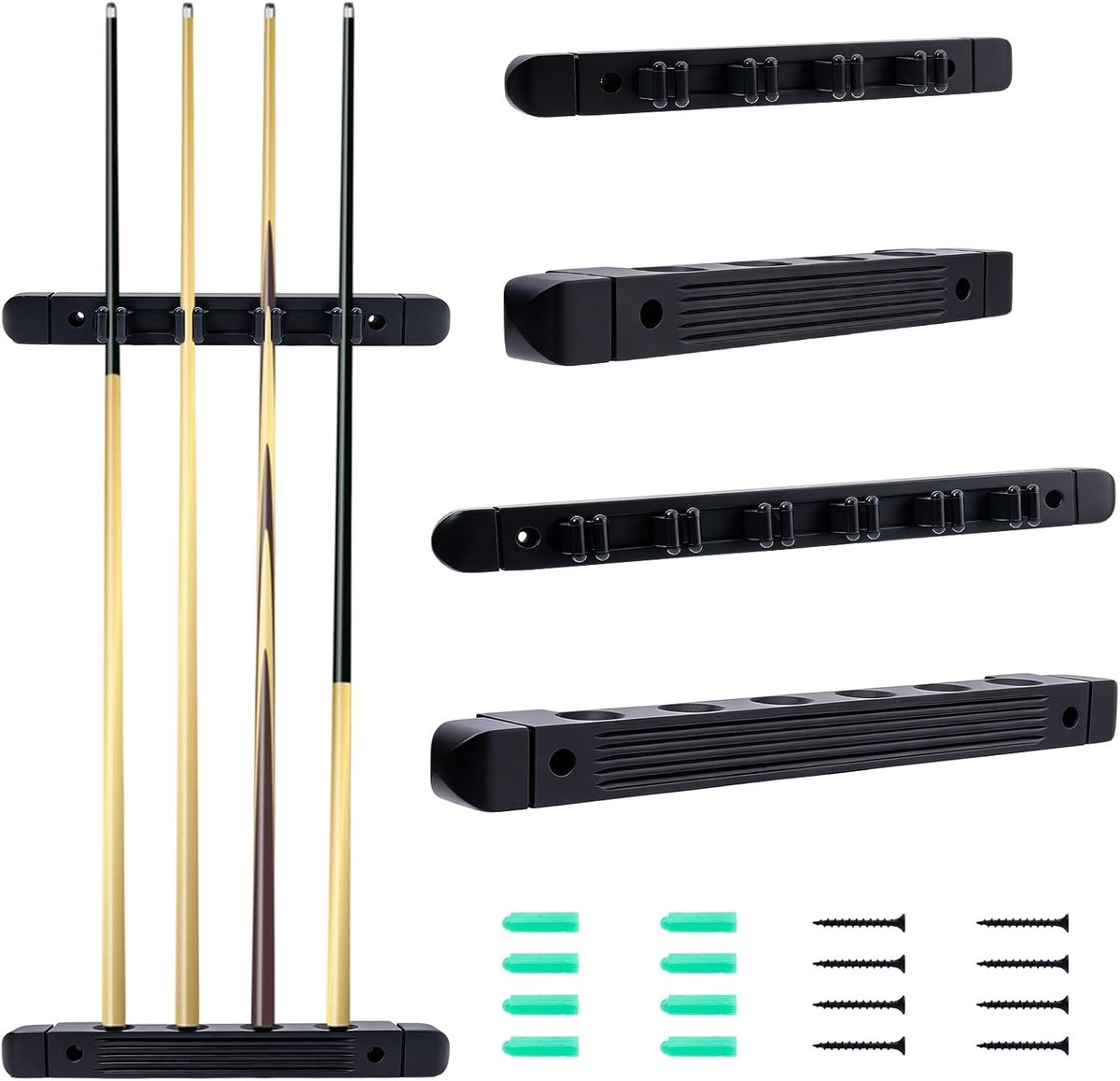 Set van 2 zwarte wandgemonteerde biljartkeu-standaard van massief hout voor 4 en 6 keus ruimtebesparende keu-organizer - ShopVlot