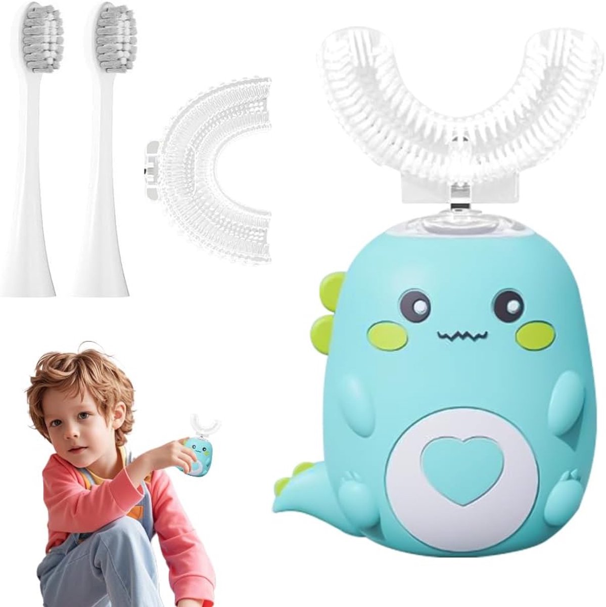Lulabini Dinobrush Sonic Car Toothbrush for Children with 2 U-Shaped Silicone Brush Heads and 2 Brush Heads, Electric - ShopVlot
