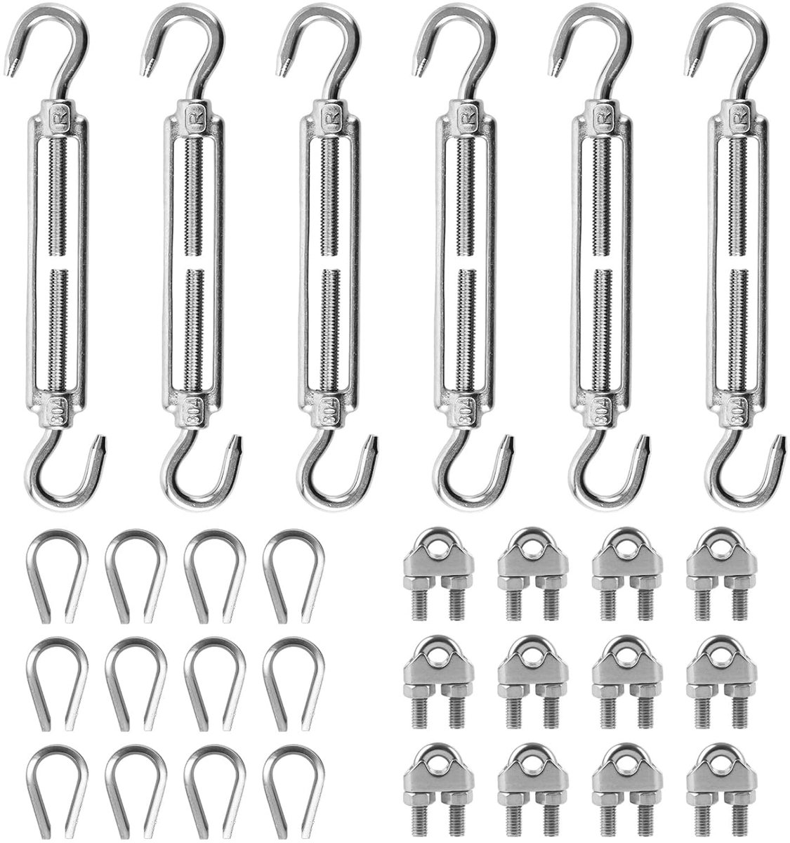 Draadspanner, roestvrij staal, 6 stuks spansloten M6, 12 stuks draadkabelkousen, 12 stuks kabelklemmen - ShopVlot