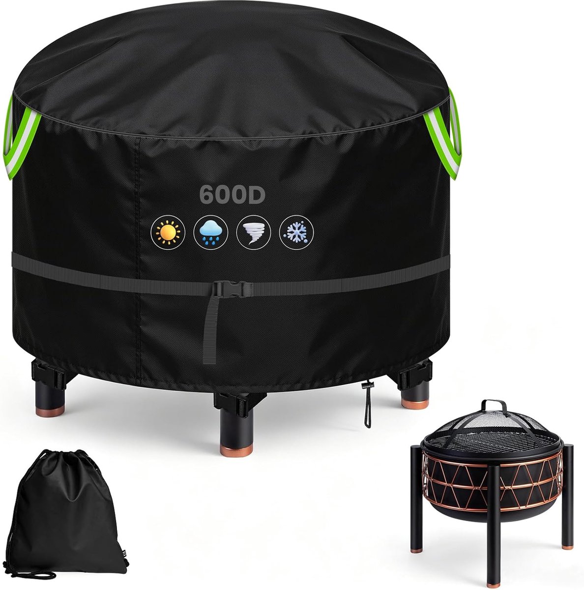 Vuurschaal afdekking 90 cm, 600D Oxford PU waterdichte vuurkorf afdekking met 2,8 m gespbanden, 3 winddichte gespen en - ShopVlot