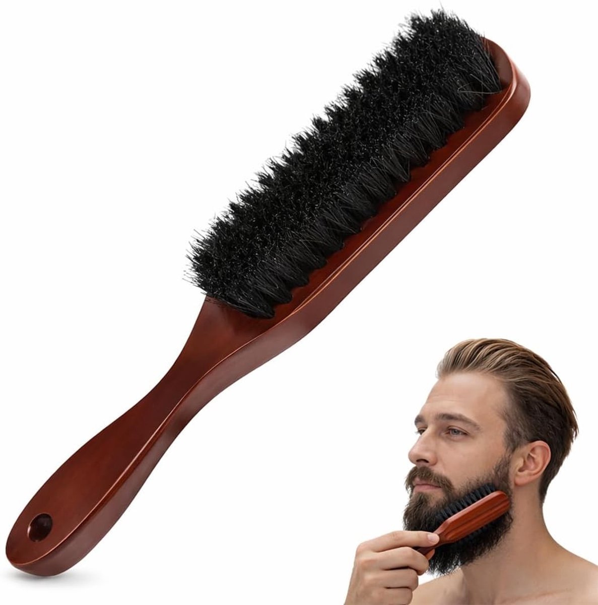 Houten baardkam voor baardstyling en haarverzorging, met wildzwijnharen en fijne kammen, ideaal voor salonreiniging, 2 cm