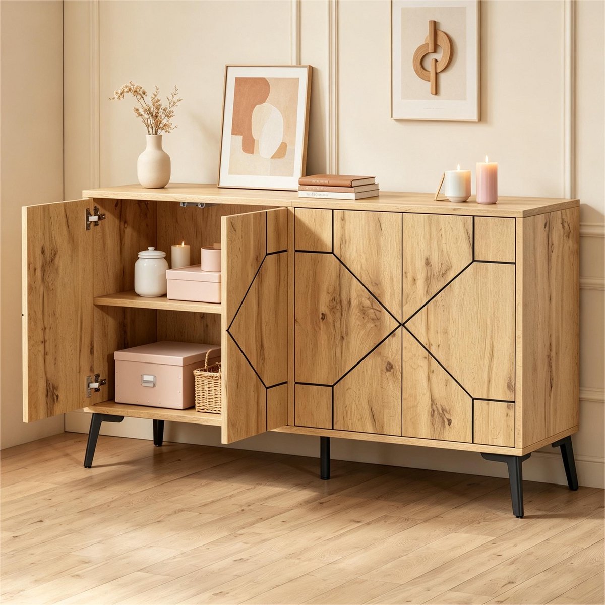 DESMIU Dressoir - Industrieel Design Met 4 Deuren En Drukopening - Voor Woonkamer, Hal, Keuken En Studie - MDF En Metaal - Houtkleur - 120 X 35 X 69 Cm