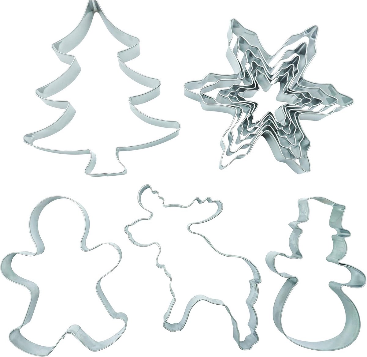 BekkiB 2455 "Christmas" Set - Snowflake, Snowman, Gingerbread Man, Elk and Pine Tree Cookie Cutters - ShopVlot