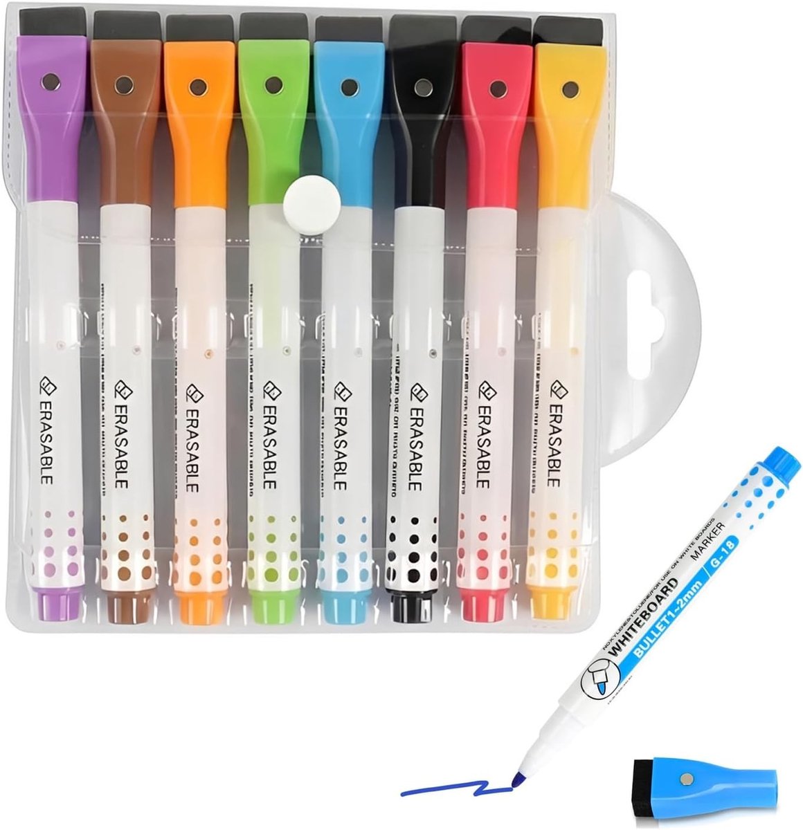 Set van 8 afwasbare magnetische whiteboardmarkers in 8 kleuren met sponskap - Droog uitwisbare stiften voor school, kantoor en memoborden