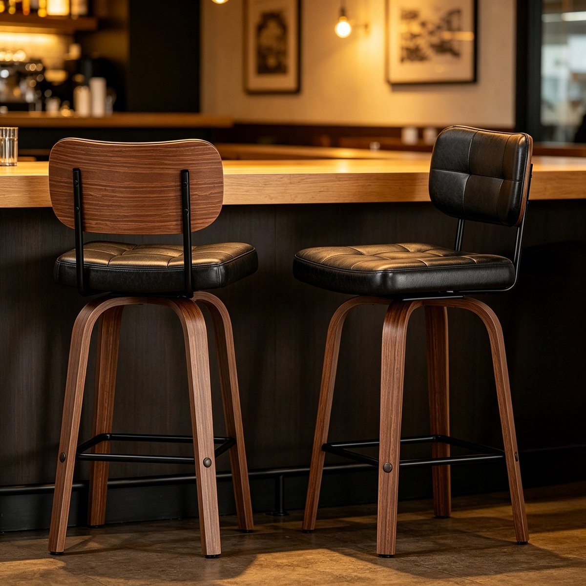 OKWISH Barkruk Set van 2 - 360° Draaibare PU-Polster Met Rugleuning en Houten Onderstel - Voor Keukenbar en Eiland - Zwart - Dark Walnut