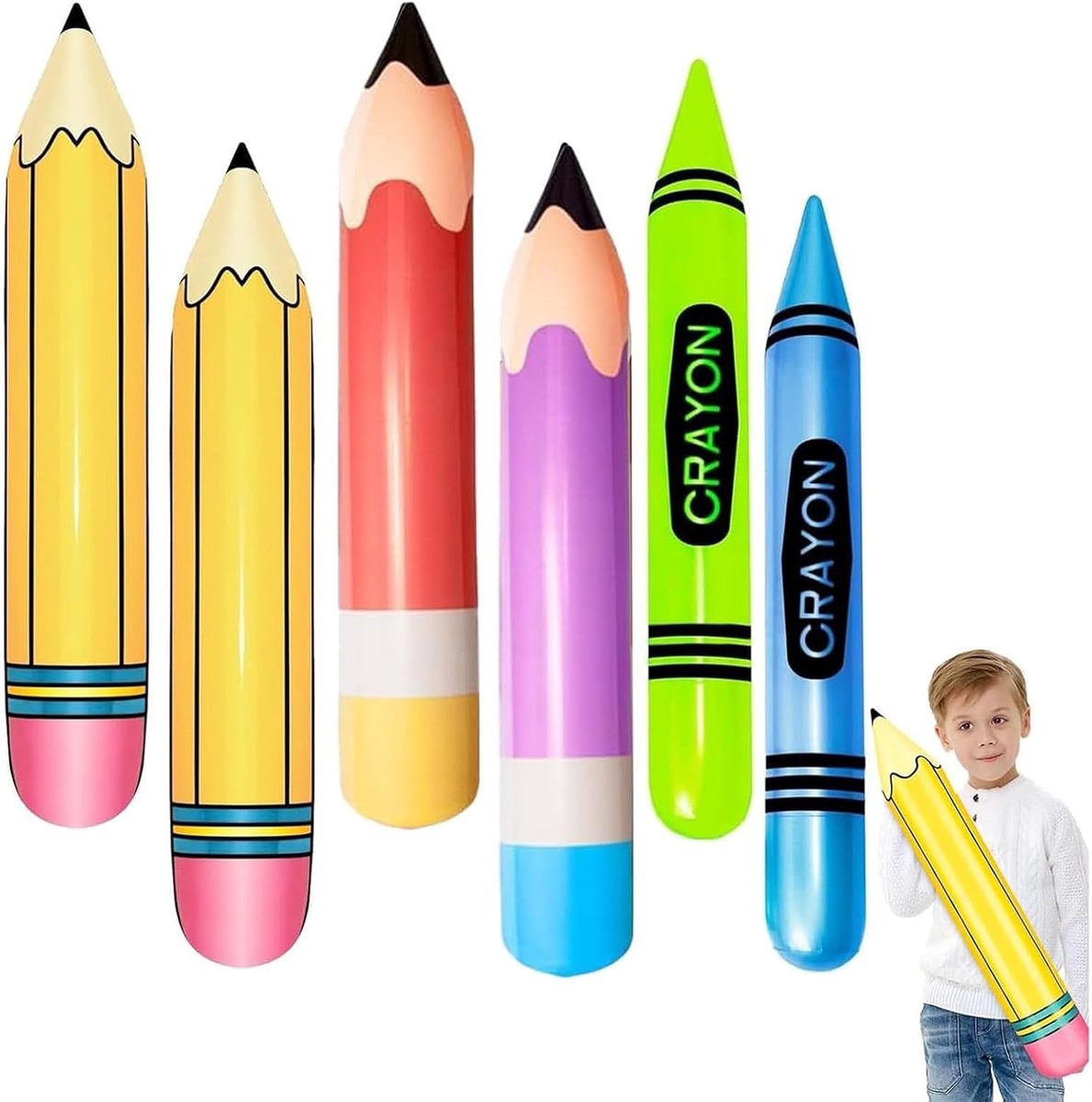 Opblaasbare potloodballonnen - 6 stuks in geel, rood, paars en groen/blauw - robuust pvc - ShopVlot
