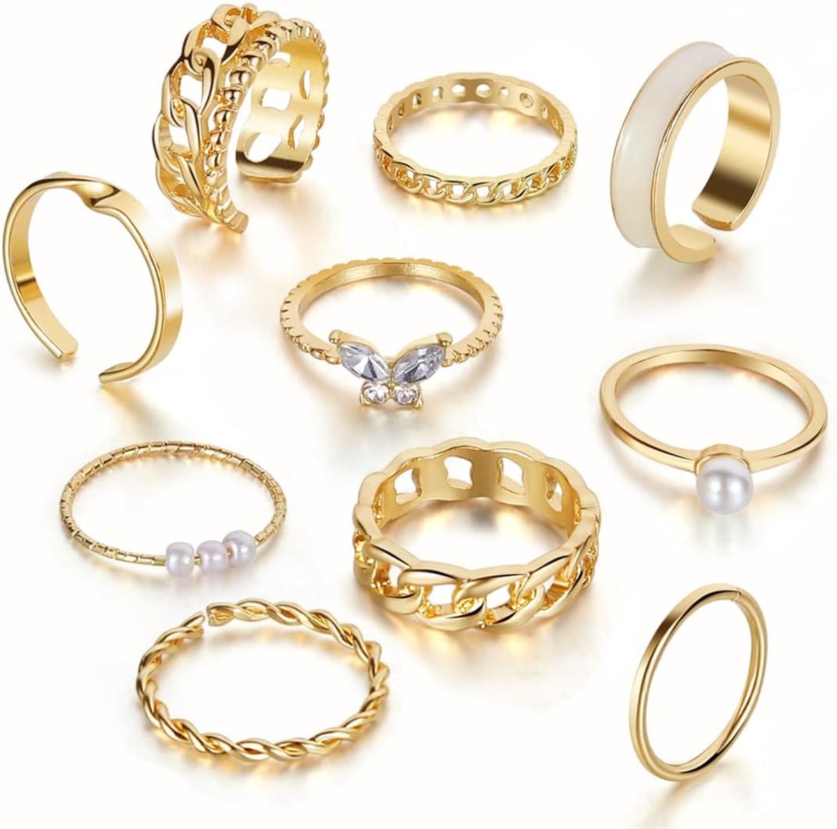 Damesringen set 10 stuks - roestvrij staal - verstelbaar en stapelbaar - trendy golfringen - ShopVlot