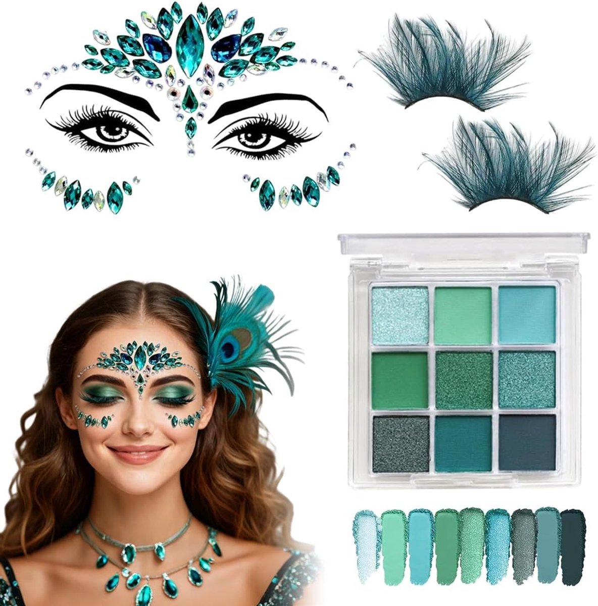 Make-upset voor vrouwen - peacock look - inclusief glitters en verenwimpers - perfect voor carnaval - ShopVlot