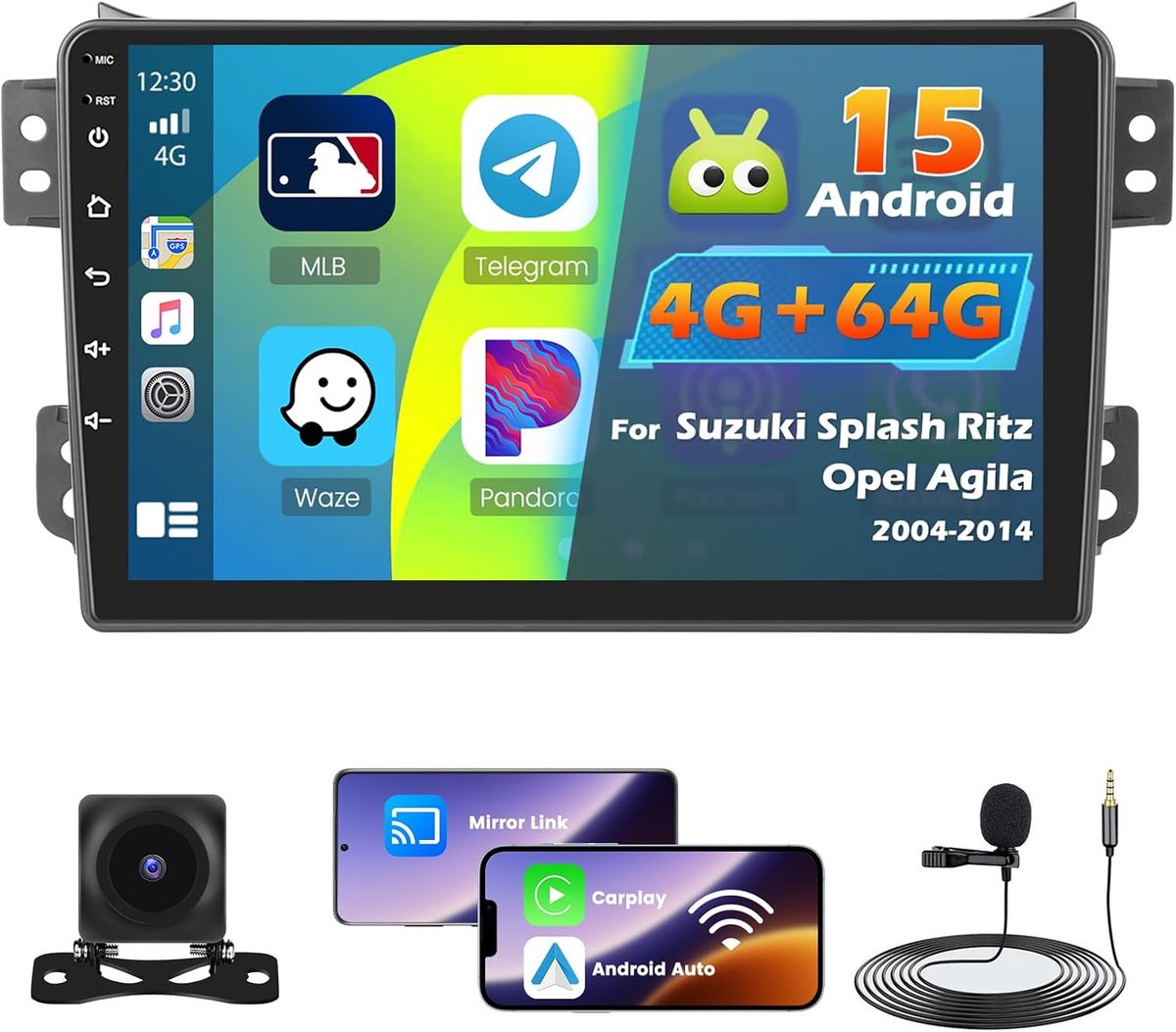 Autostereo 9" - Android 15 - 4GB RAM en 64GB opslag - Draadloze CarPlay voor Suzuki Splash/Ritz/Opel Agila - ShopVlot