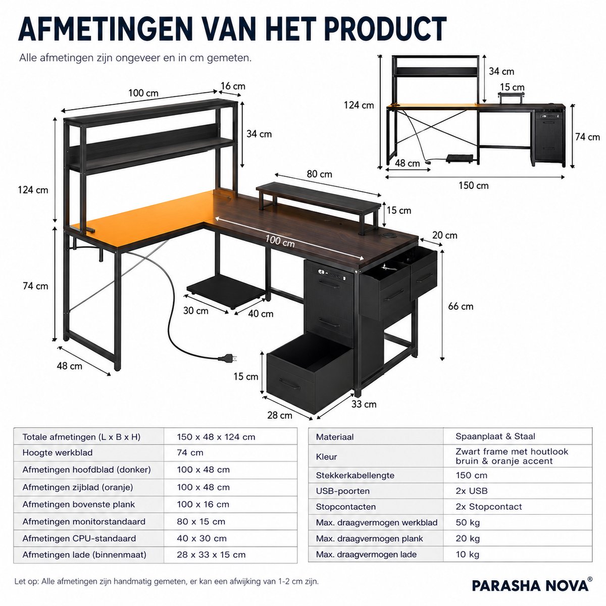 Parasha Nova Bureau - L-vormig bureau met opbergruimte - gamingbureau met LED-verlichting, computerbureau met stopcontact - hoekbureau met ladenkast en schermhouder thumbnail 6