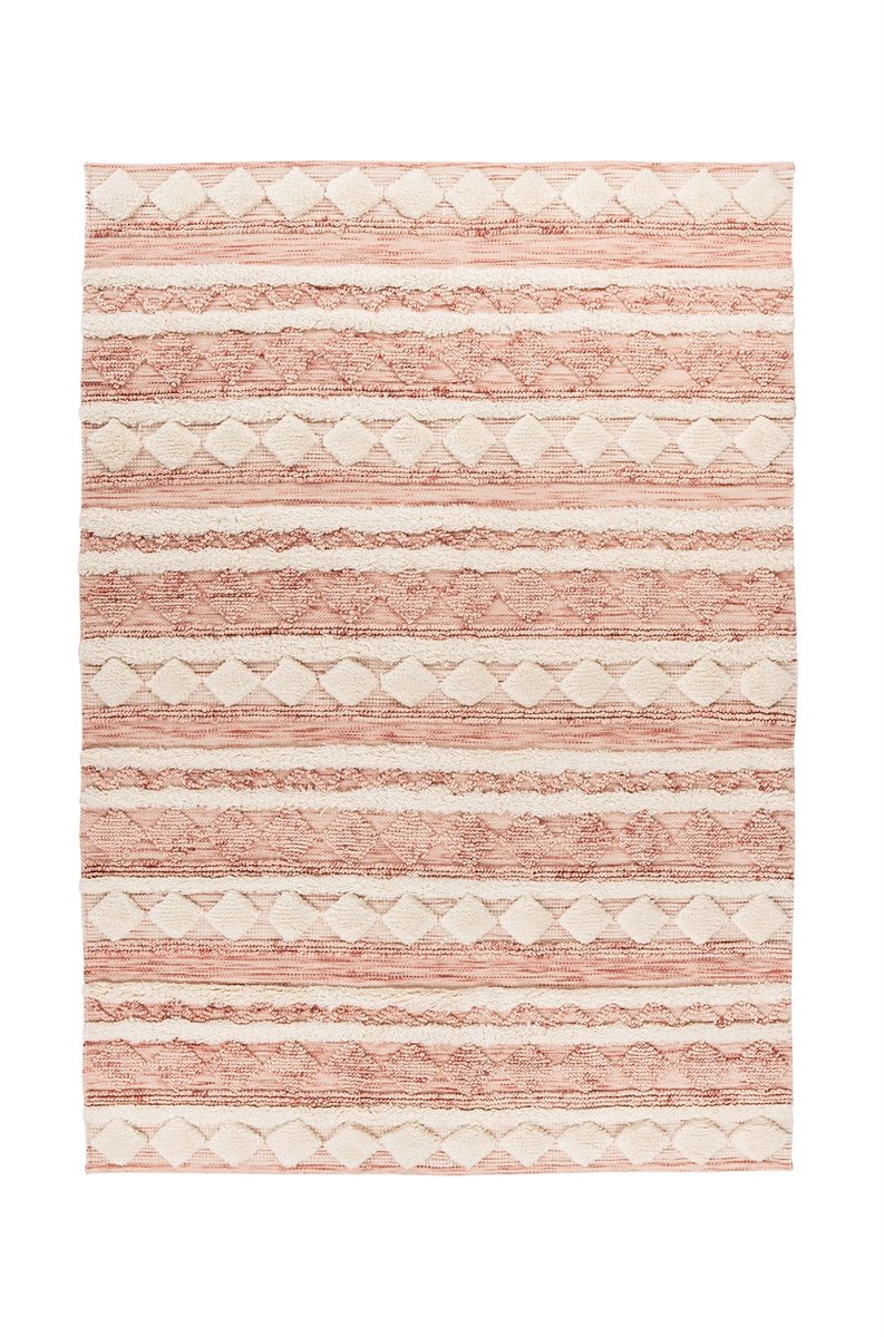 Padiro laagpolig vloerkleed 80 x 150 cm - roze / crème - boho geometrisch patroon - geschikt voor vloerverwarming - van wol en katoen