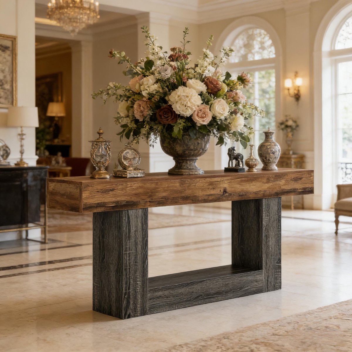 DESMIU Sidetable - Landelijk Design Met U Vorm Basis En Onderplank - Voor Woonkamer En Hal - MDF - Grijs En Rustiek Bruin - 160 Cm