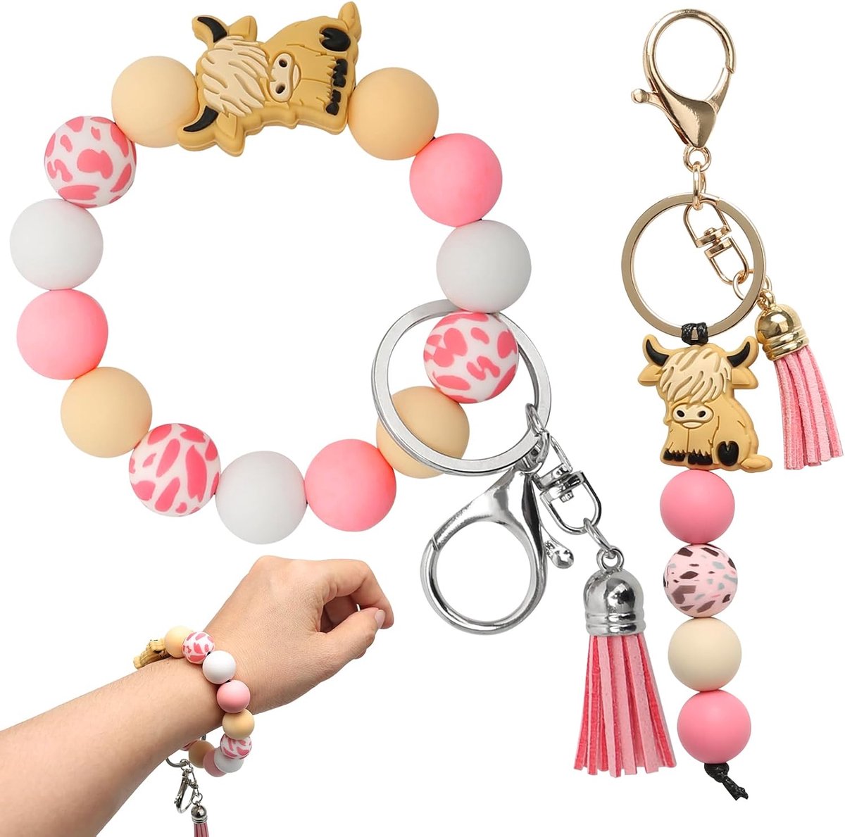 Sleutelhangers met siliconen kralen - 2 stuks - Highland Beef ontwerp - Perfecte cadeau voor vrouwen en meisjes - ShopVlot