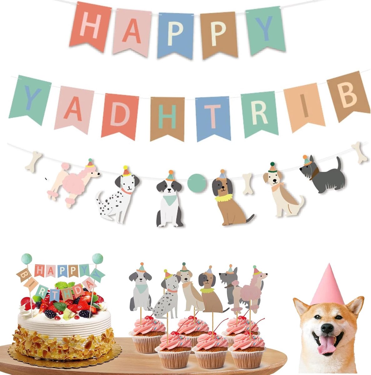 Hondenverjaardag versiering set - 15-delige honden thema slinger en taartprikkers - ShopVlot