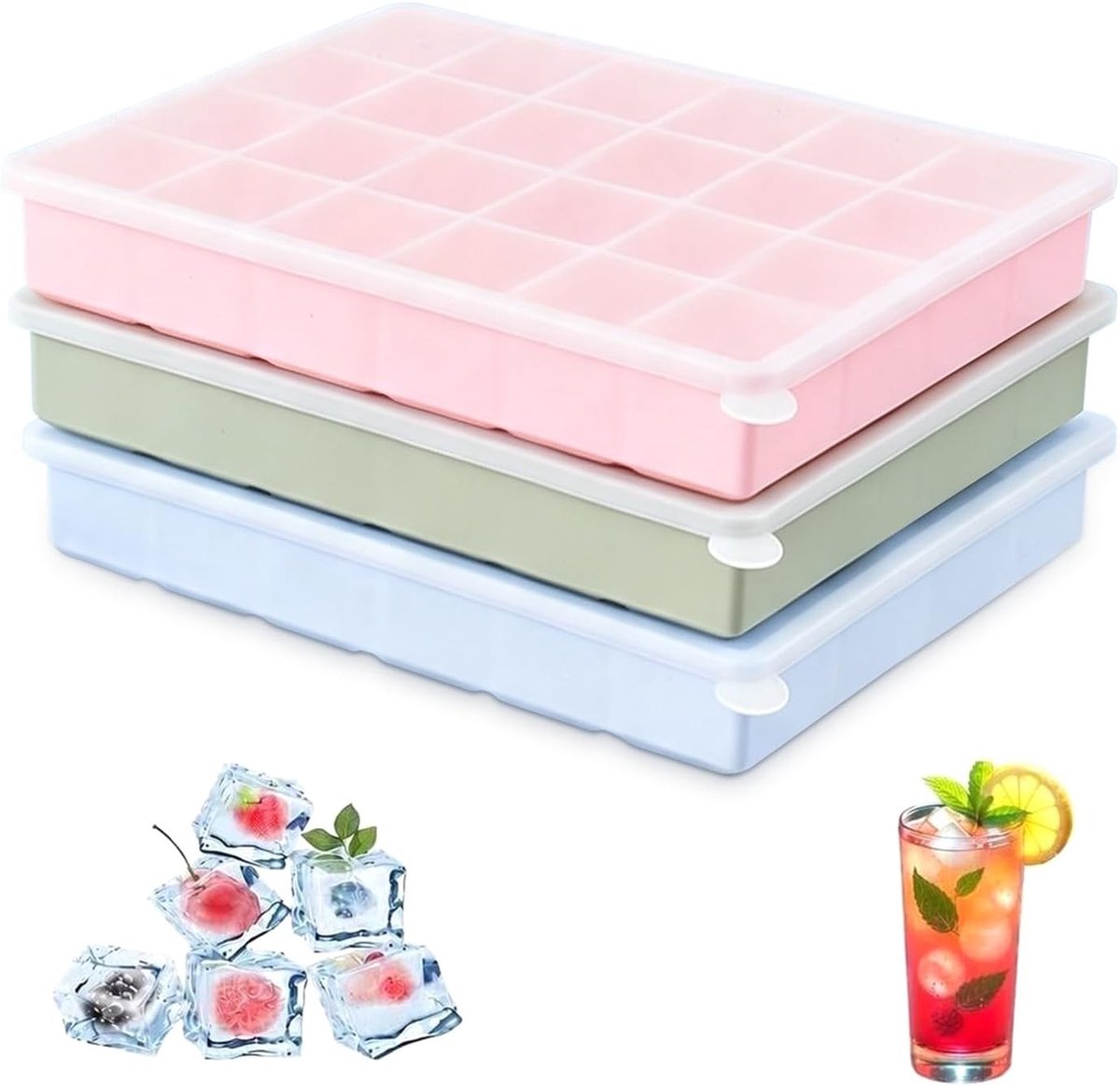 Set van 3 Siliconen IJsblokjesvormen met Deksel - Blauw, Roze, Groen - 2,3 cm - Herbruikbare IJsblokjes voor Dranken