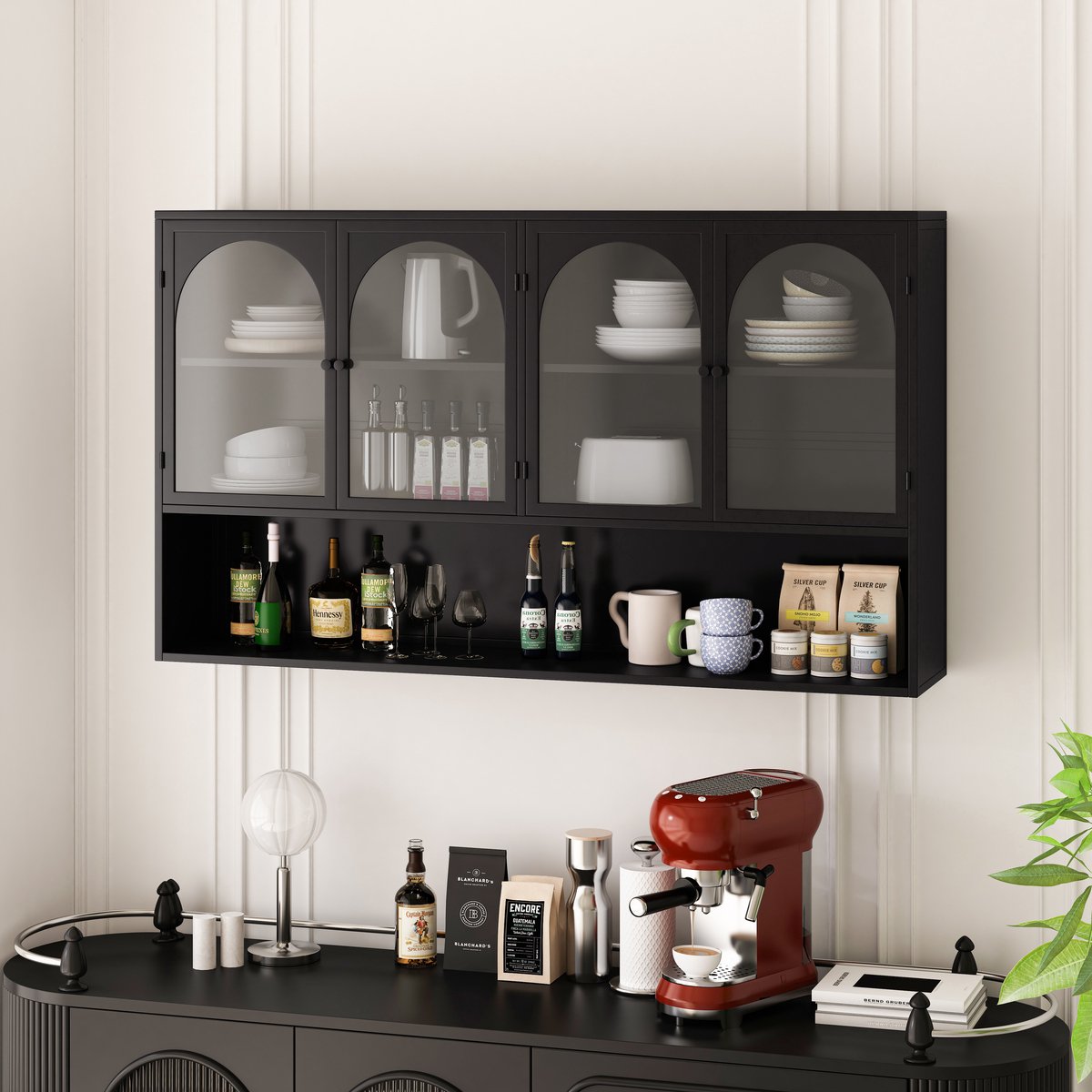 DESMIU Wandkast Vier Deuren Glazen Vitrinekast Voor Keuken Woonkamer En Badkamer Van Metaal En Glas Zwart 120x23x70 Cm