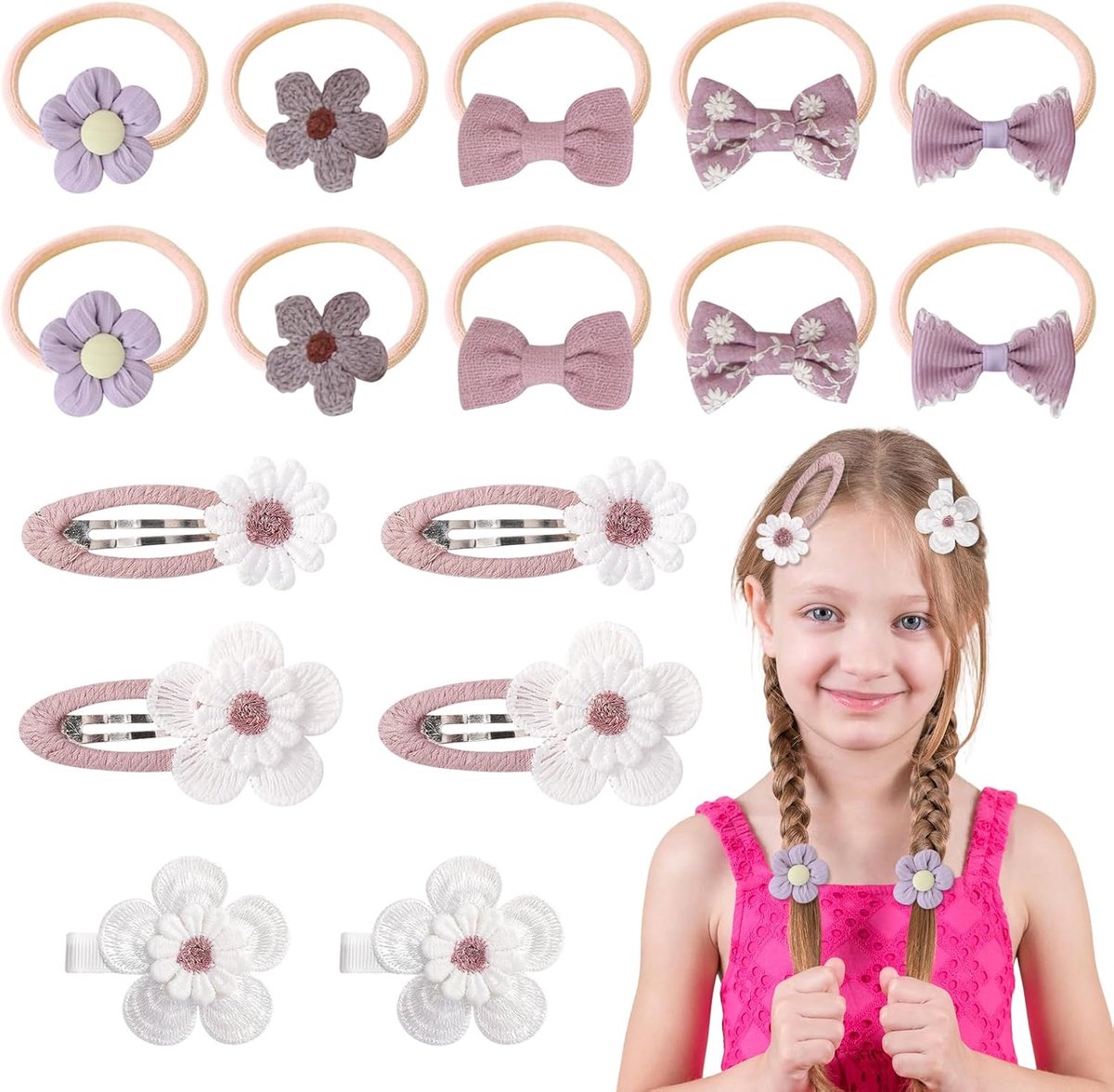 Set van 16 haarelastiekjes - bloemen en madeliefjes - kleurrijke haaraccessoires - voor meisjes en baby's - ShopVlot