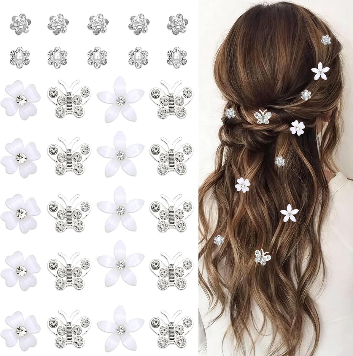 Haarspeldjes bloemen 30 stuks - witte strass - glanzend - voor dagelijks gebruik en feesten - ShopVlot