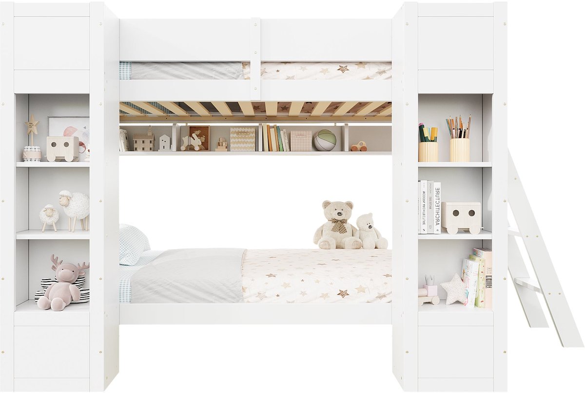 Merax Stapelbed Voor Kinderen 90 x 200 cm - Wit - Hout - Met Opbergruimte - Voorzijdekasten - Hangrek - Ladder Links Of Rechts