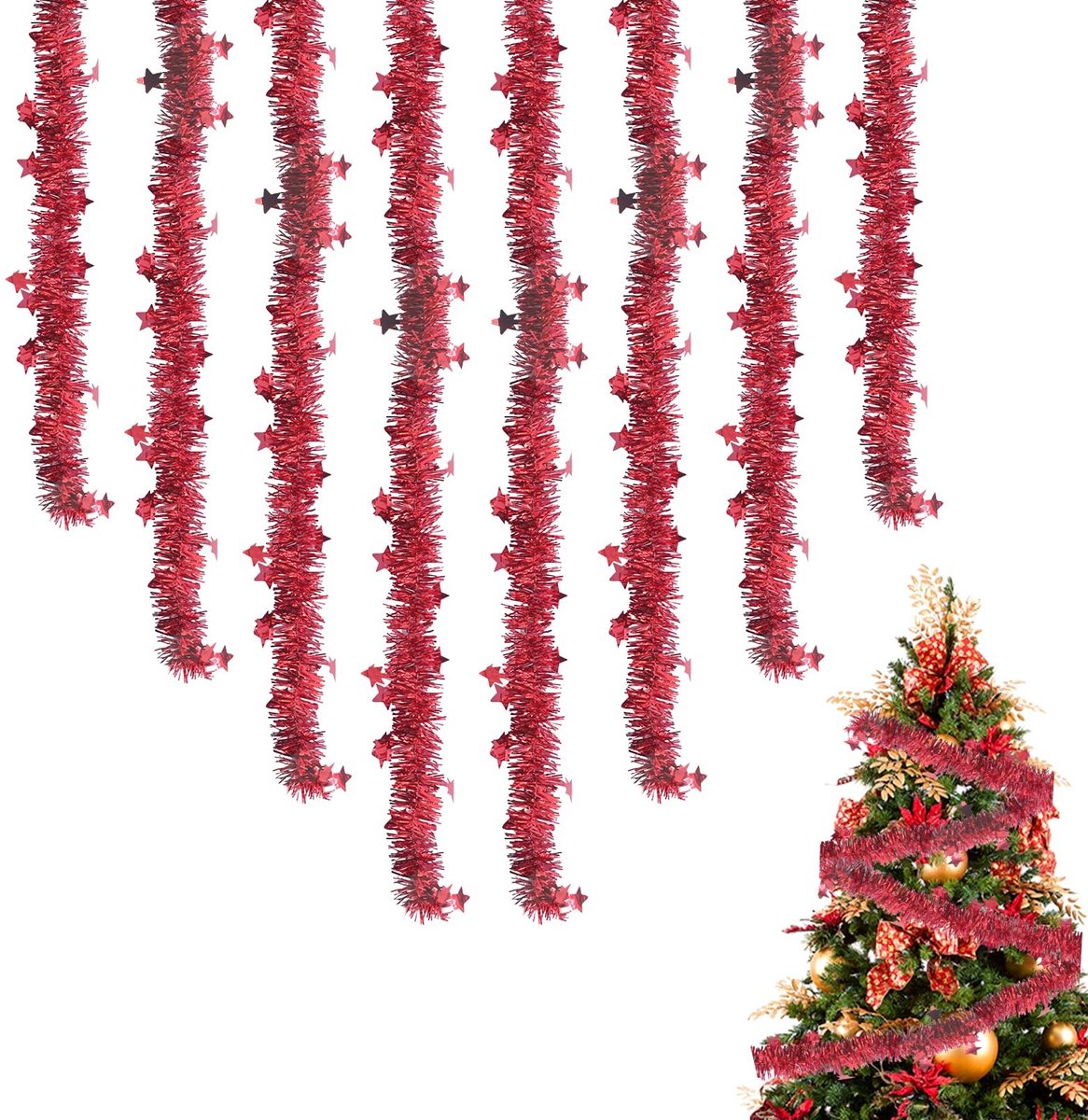 Solidchoice - Set van 8 Lametta Kerstgarland met Sterren Sequins
