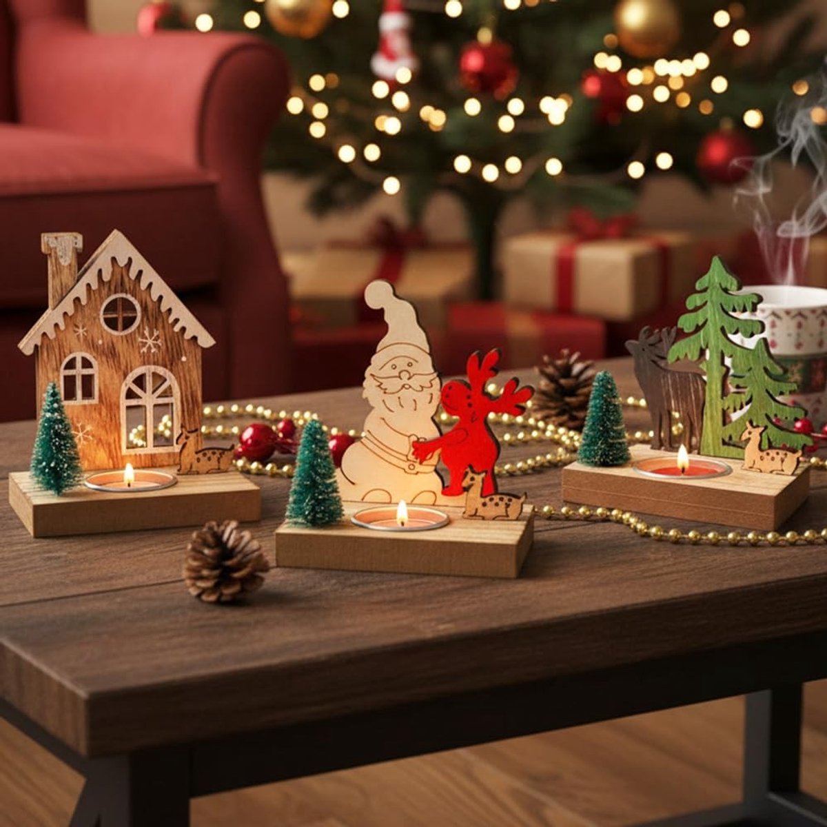 Solidchoice - Set van 3 Kerstdecoraties voor Tafel met Kaarsenhouders